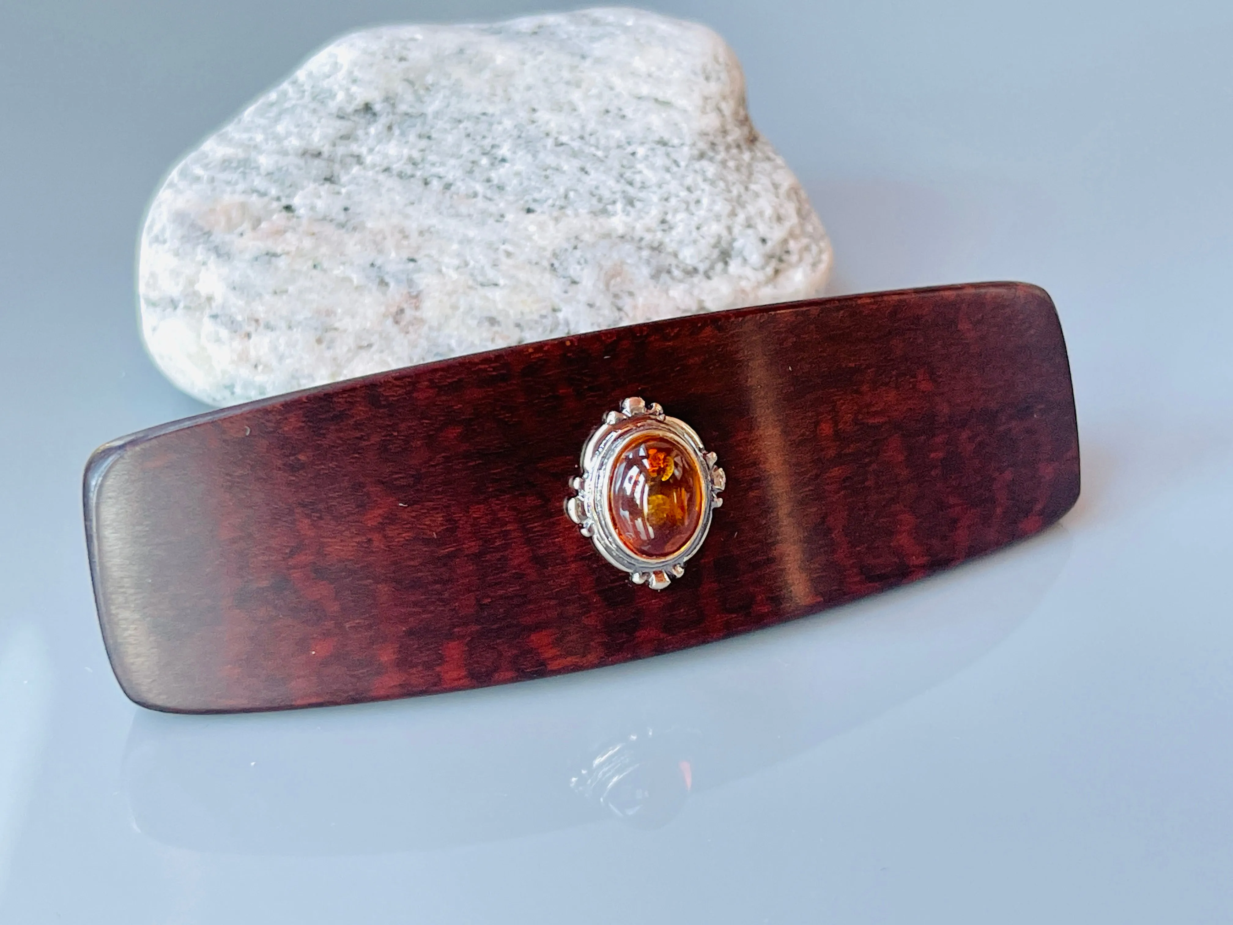 Medium Snakewood Baltic Amber Silver barrette, Luxury Gemstone Barrette Gemstone Hair Clip