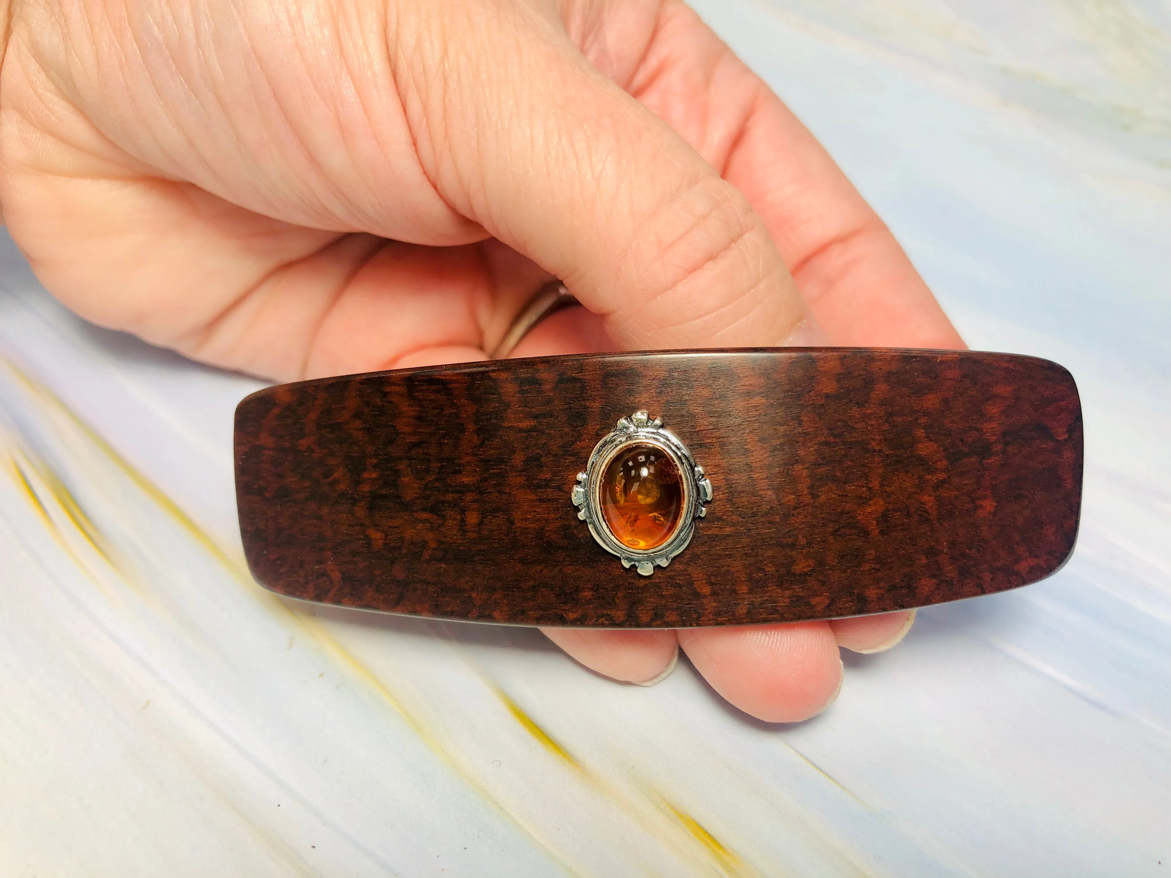 Medium Snakewood Baltic Amber Silver barrette, Luxury Gemstone Barrette Gemstone Hair Clip