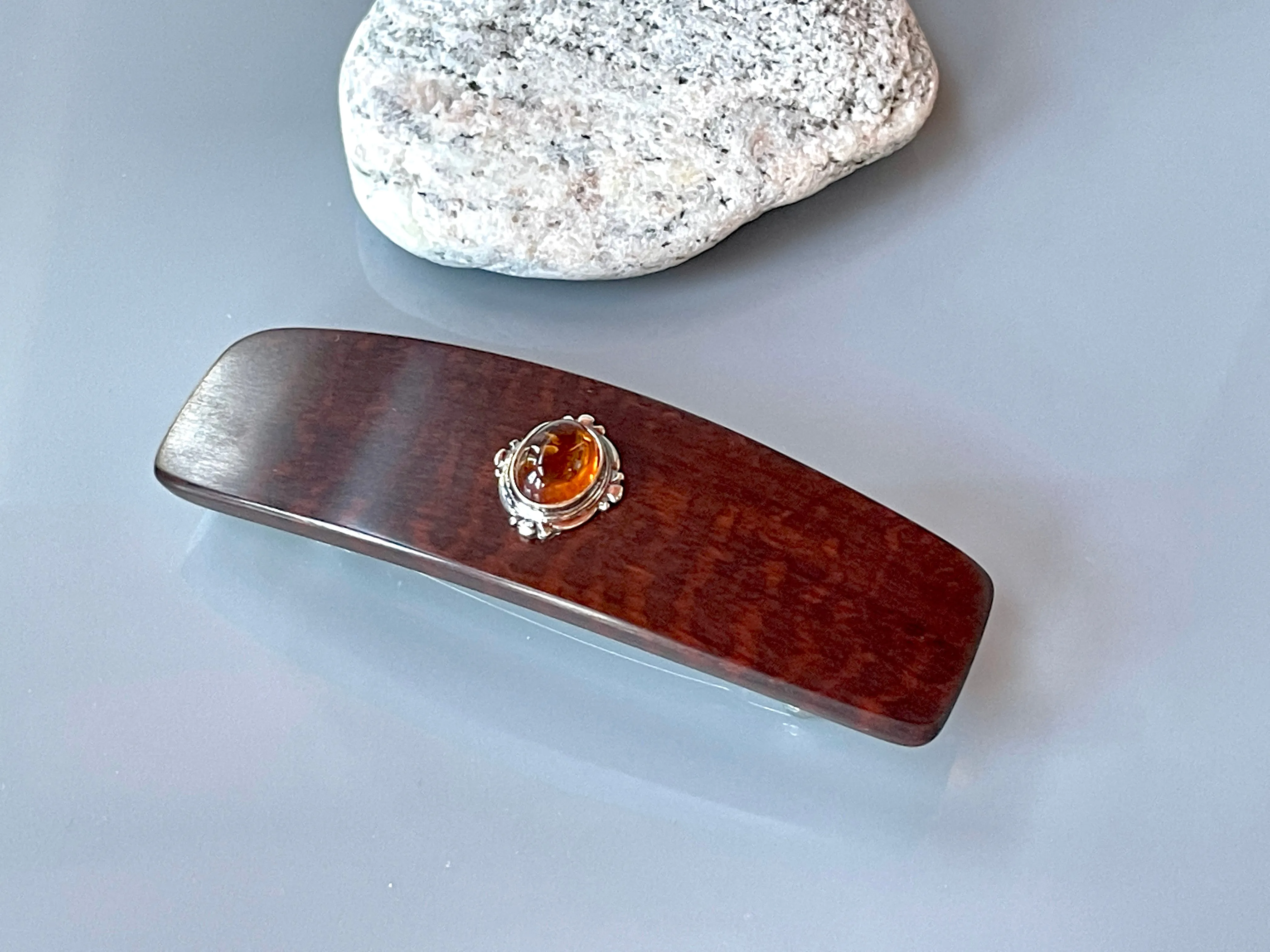 Medium Snakewood Baltic Amber Silver barrette, Luxury Gemstone Barrette Gemstone Hair Clip