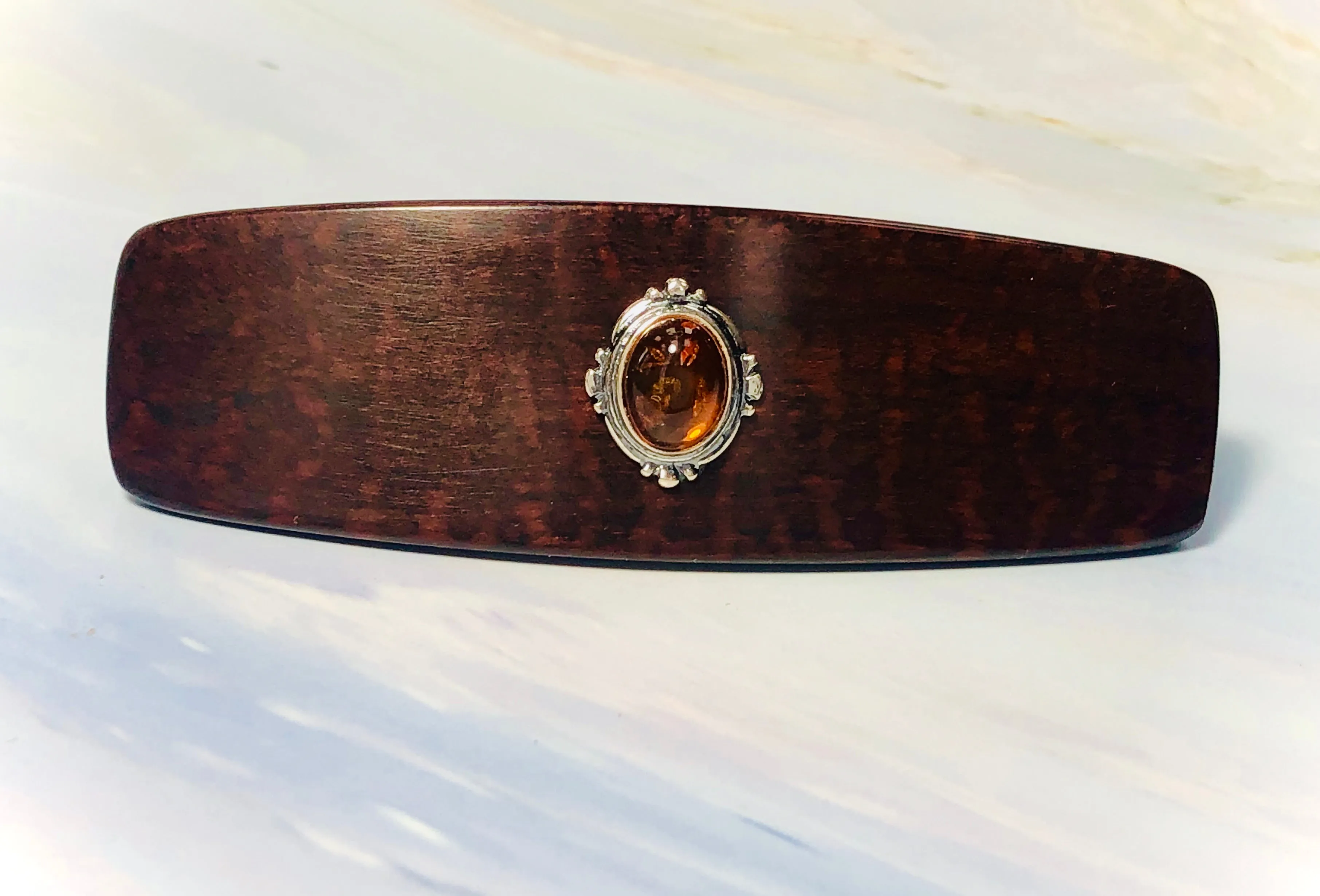 Medium Snakewood Baltic Amber Silver barrette, Luxury Gemstone Barrette Gemstone Hair Clip