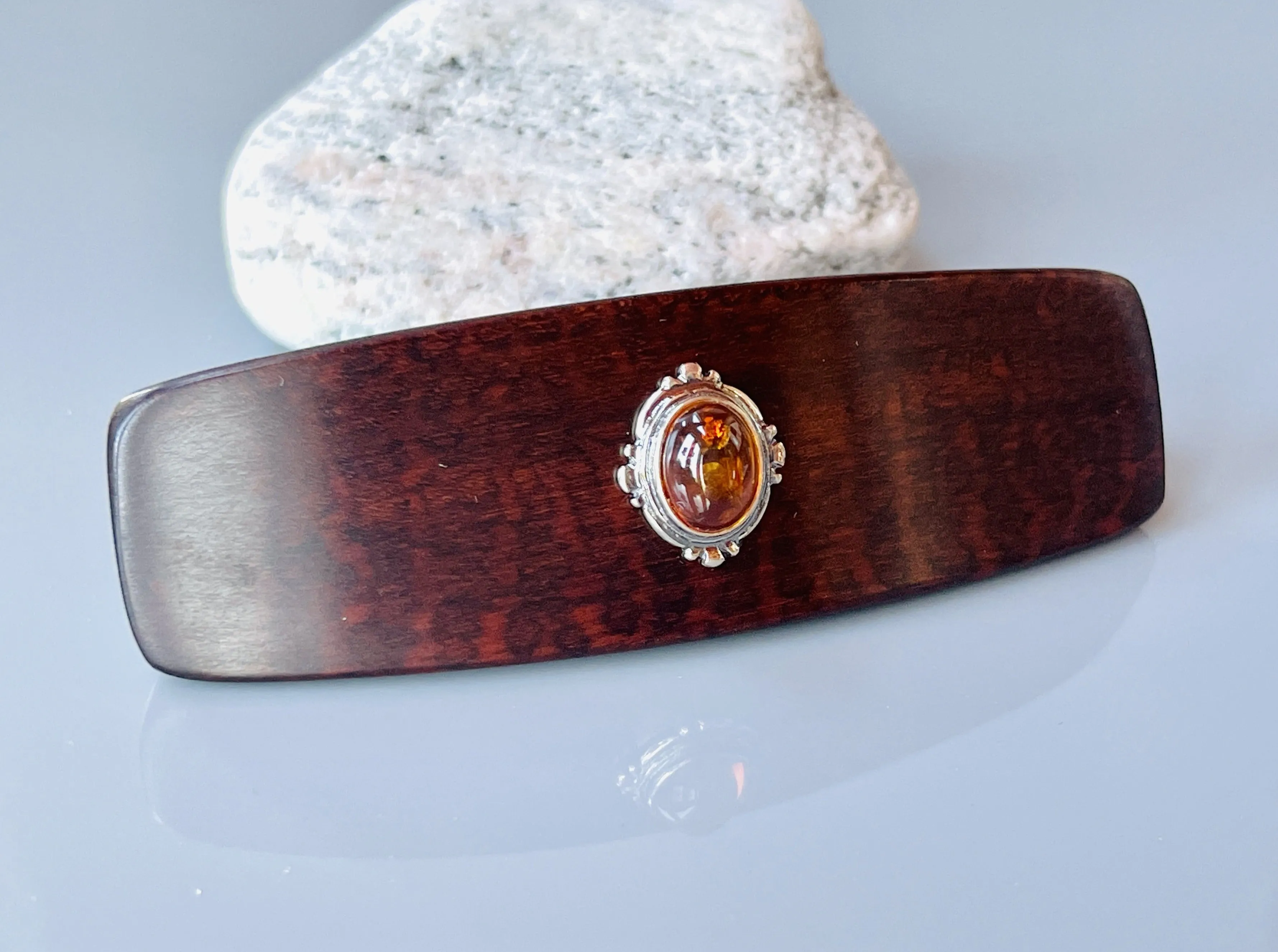 Medium Snakewood Baltic Amber Silver barrette, Luxury Gemstone Barrette Gemstone Hair Clip