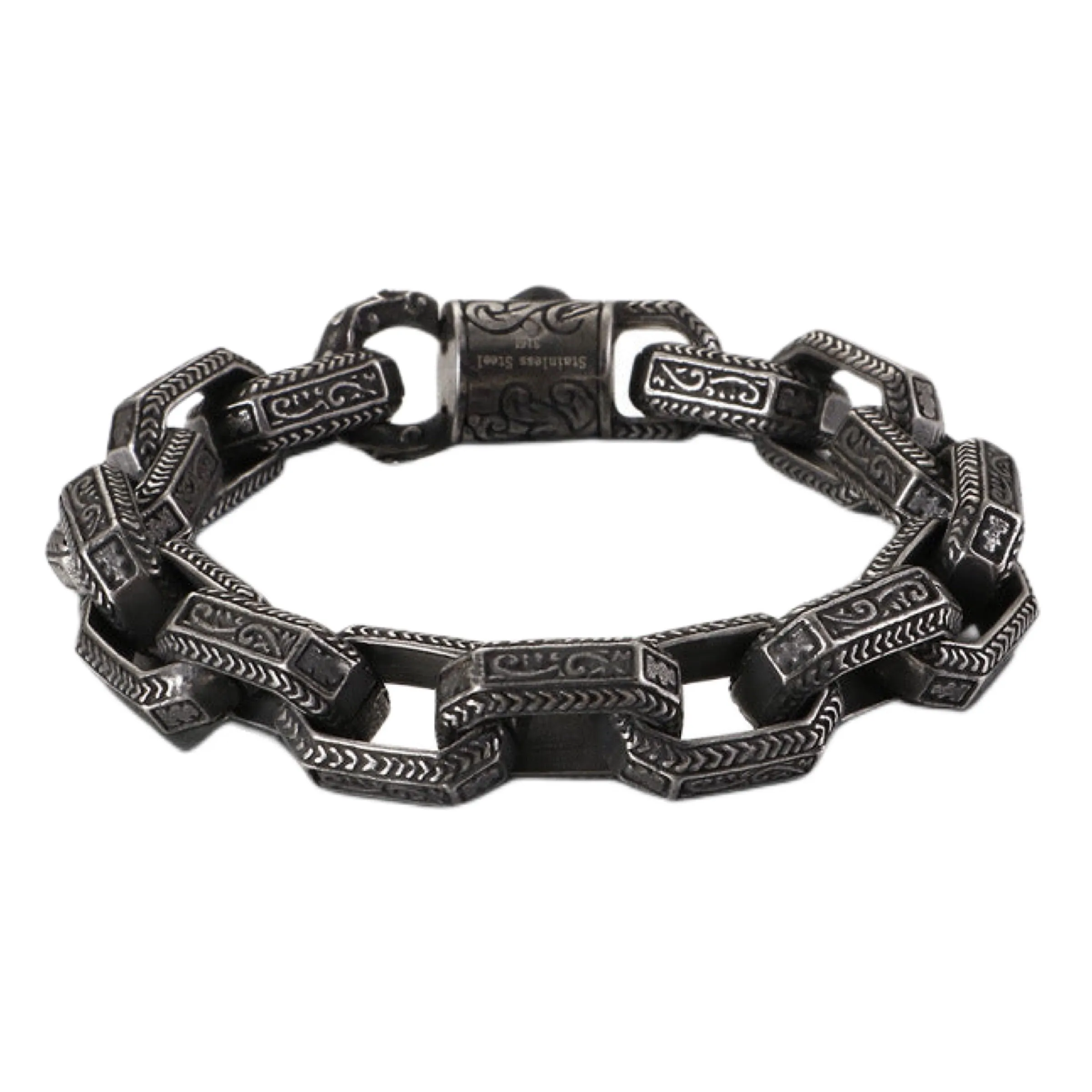 Mens Dark Titanium Retro Pattern Bracelet Punk Hip Hop in Ancient Silver and Black