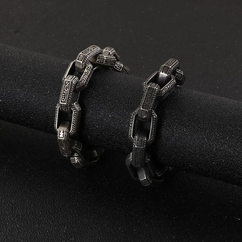 Mens Dark Titanium Retro Pattern Bracelet Punk Hip Hop in Ancient Silver and Black