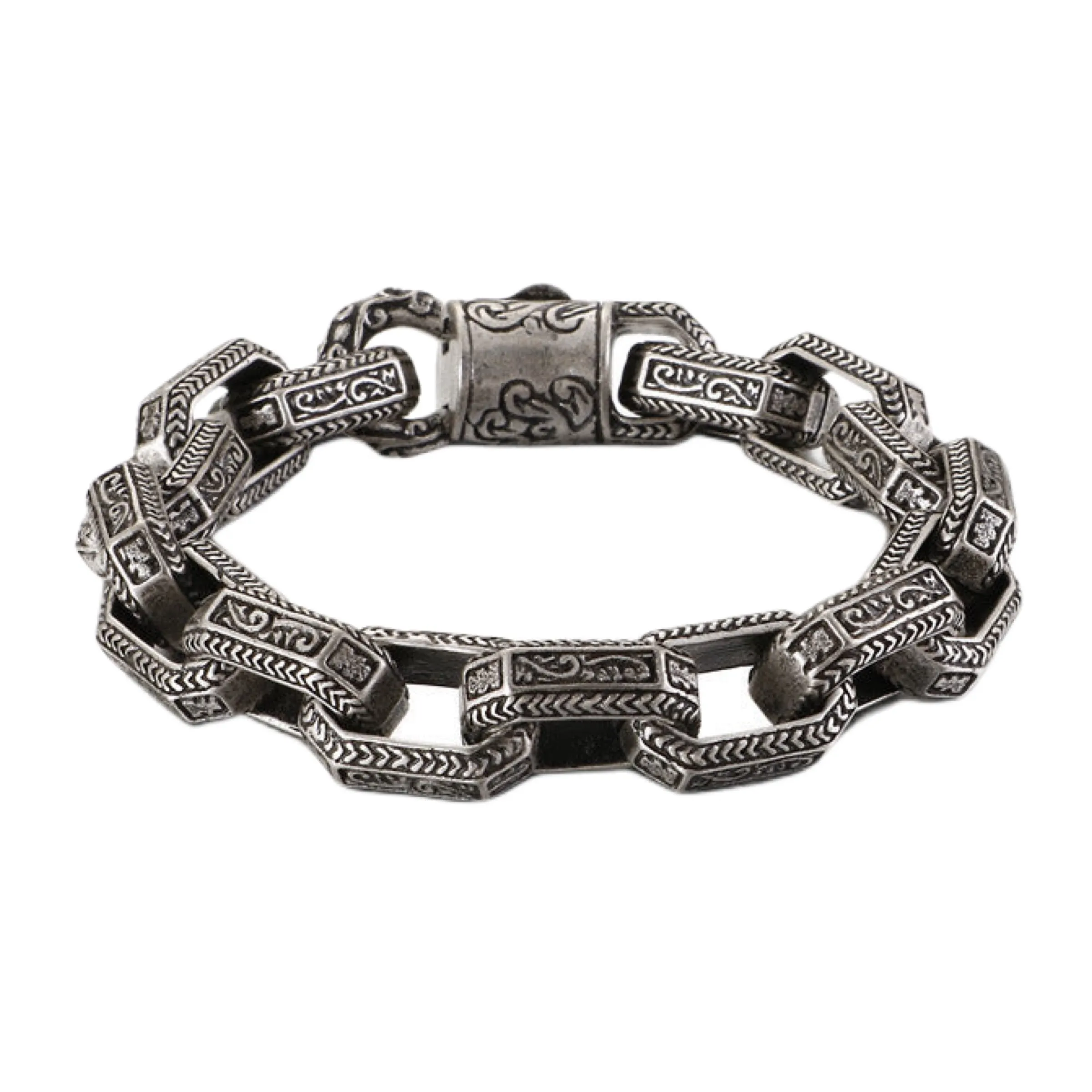 Mens Dark Titanium Retro Pattern Bracelet Punk Hip Hop in Ancient Silver and Black