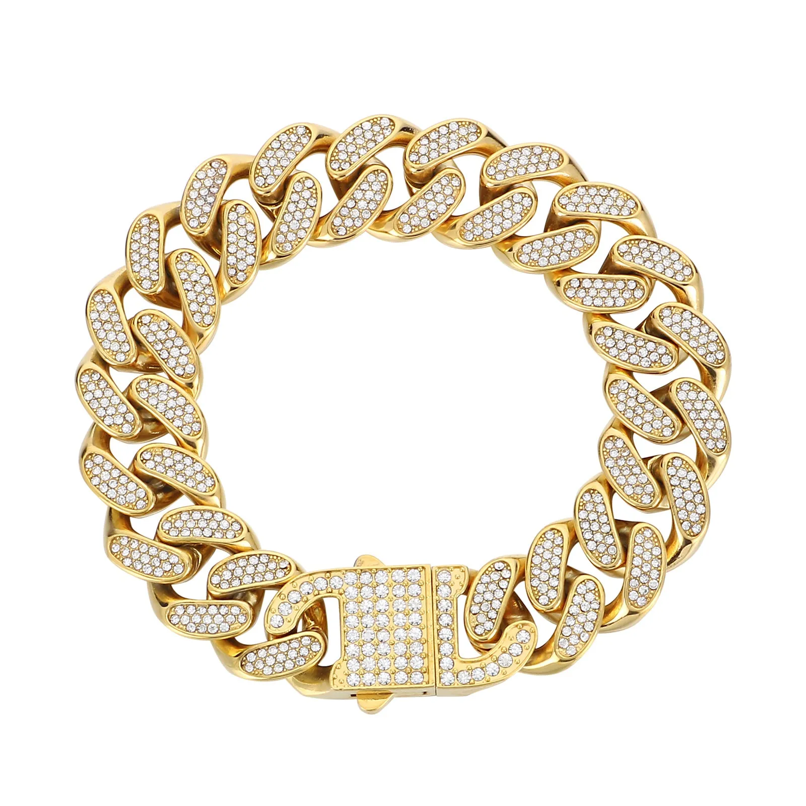 Men's Gold Titanium Stainless Steel Cuban Link Bracelet with Crystal Accents - Bold and Durable