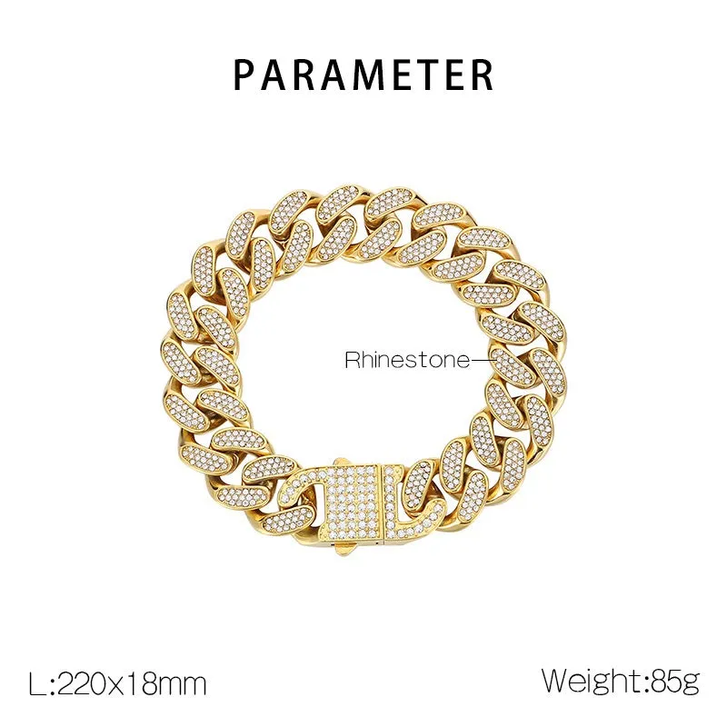 Men's Gold Titanium Stainless Steel Cuban Link Bracelet with Crystal Accents - Bold and Durable