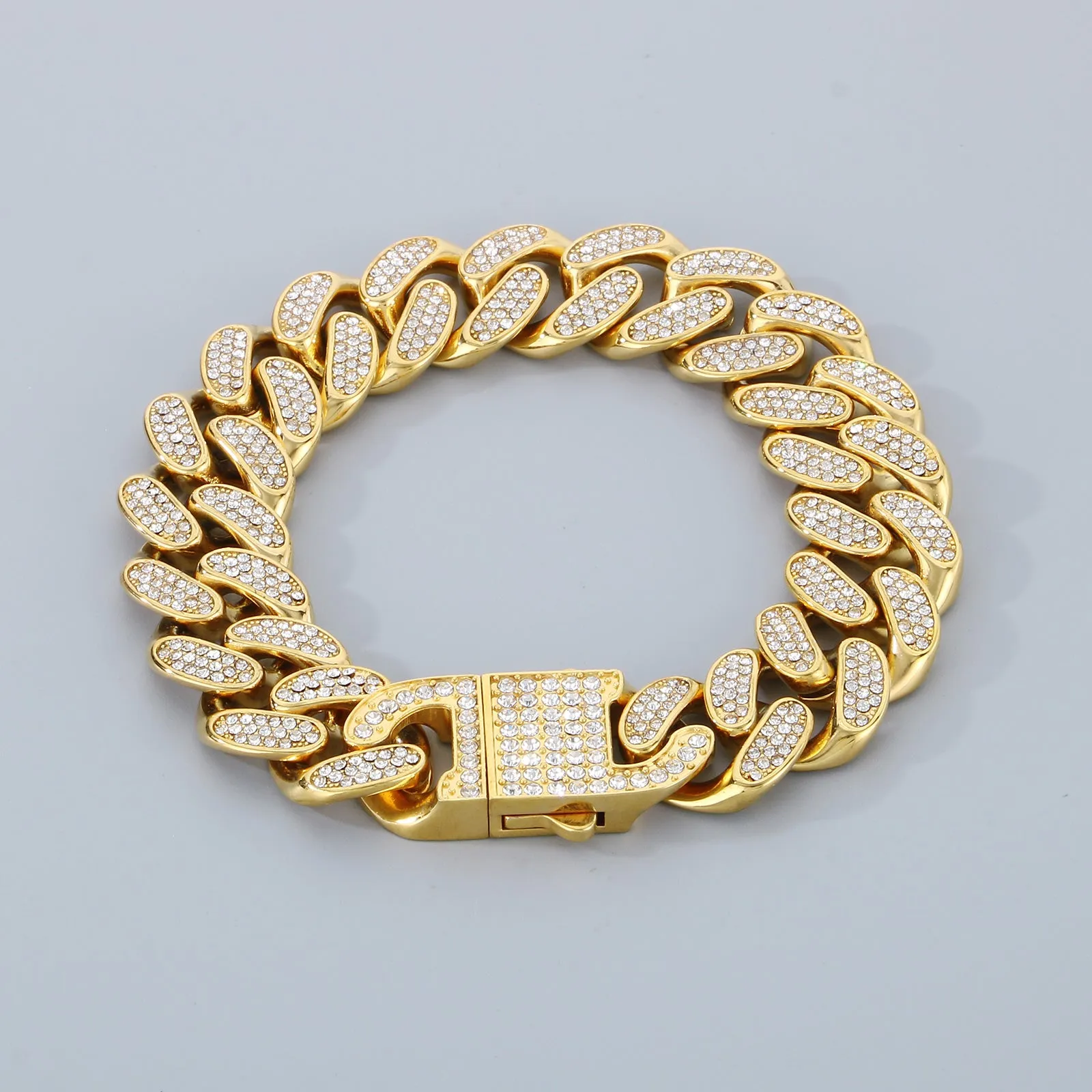 Men's Gold Titanium Stainless Steel Cuban Link Bracelet with Crystal Accents - Bold and Durable