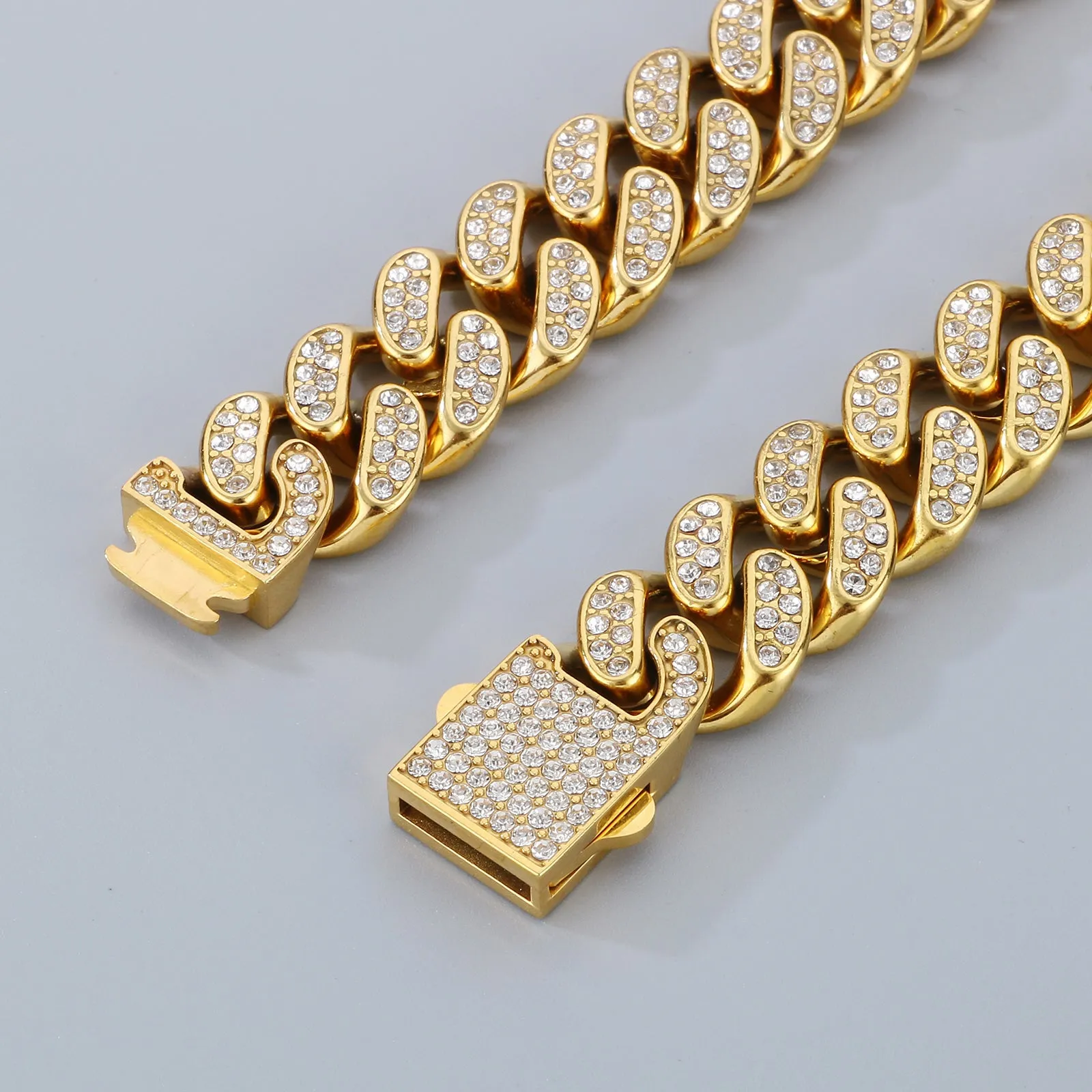 Men's Gold Titanium Stainless Steel Cuban Link Bracelet with Crystal Accents - Bold and Durable