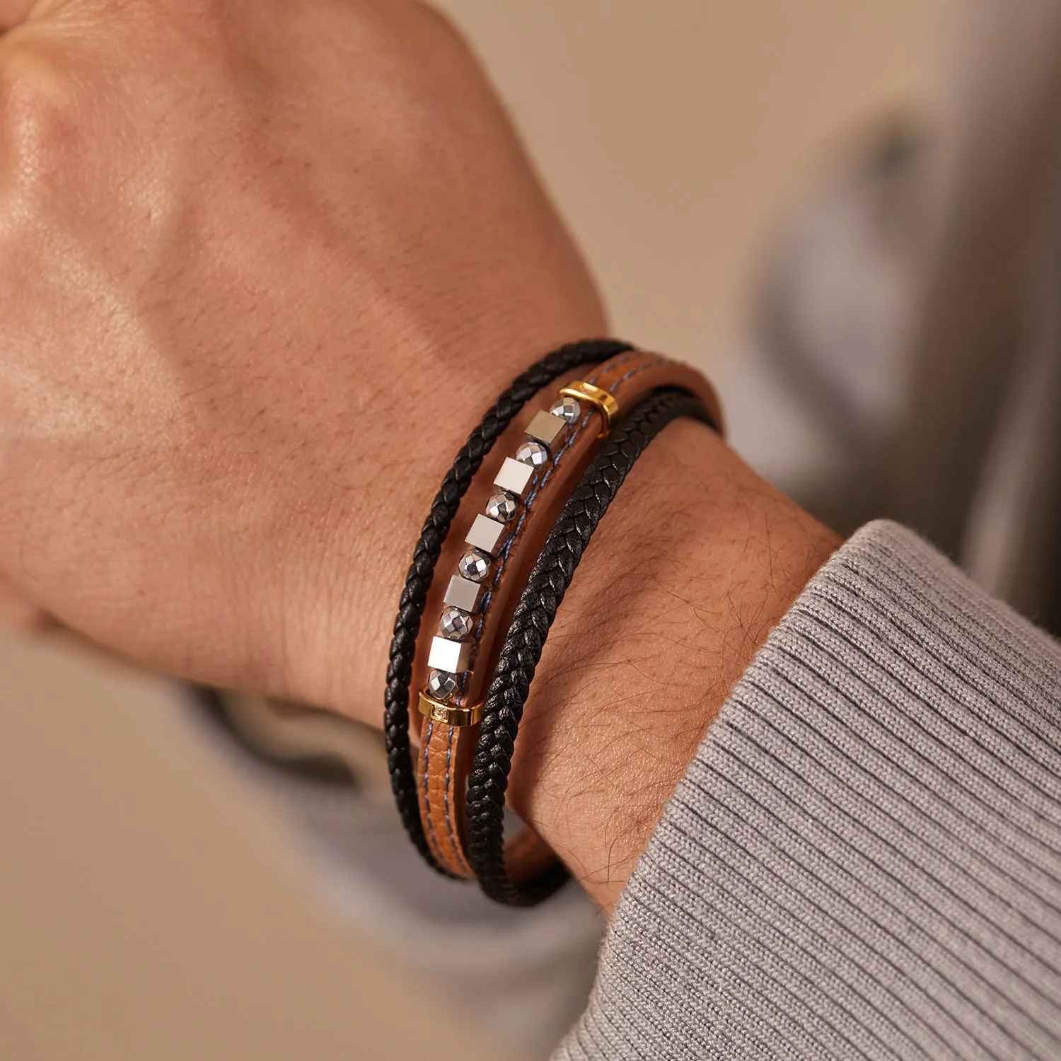 Men's Leather and Stainless Steel Bracelet – Dual Tone with Orange Stitching and Beaded Accents, Magnetic Clasp