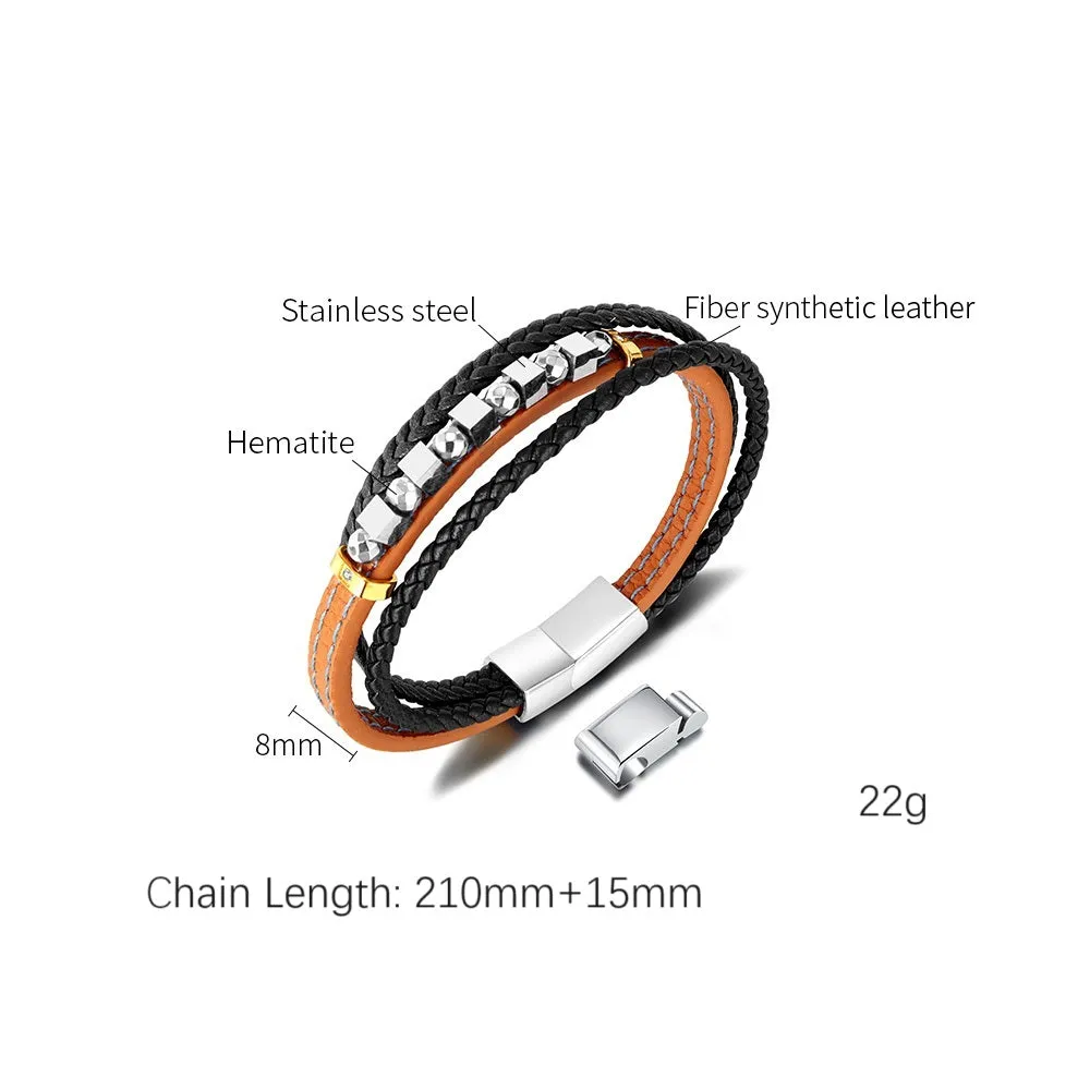 Men's Leather and Stainless Steel Bracelet – Dual Tone with Orange Stitching and Beaded Accents, Magnetic Clasp