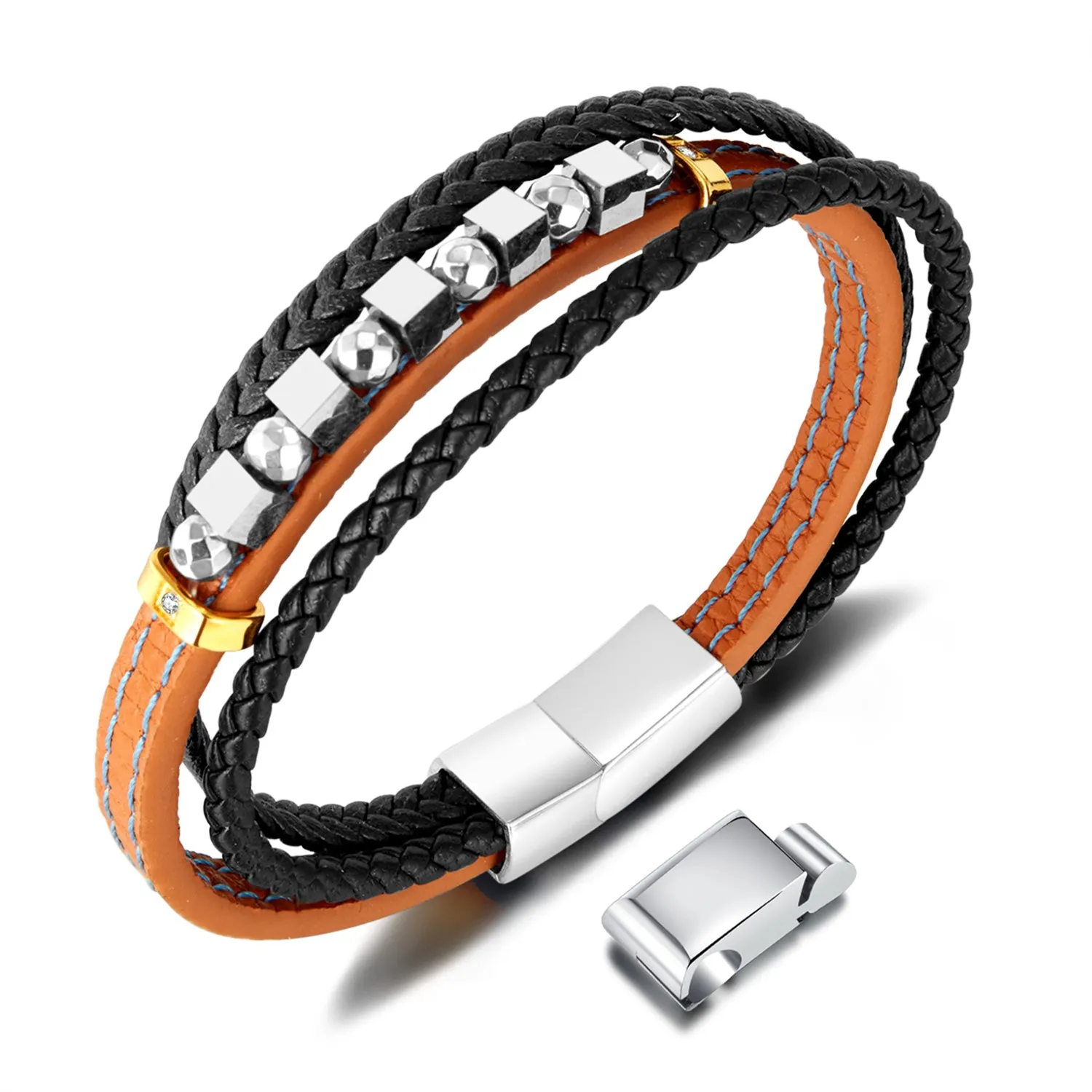 Men's Leather and Stainless Steel Bracelet – Dual Tone with Orange Stitching and Beaded Accents, Magnetic Clasp