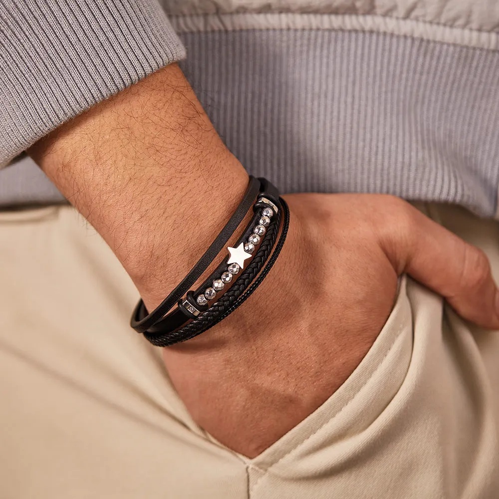 Men's Leather and Stainless Steel Multi-Strand Bracelet – Star Accents, Sleek Design with Magnetic Clasp