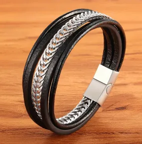 Men's Leather Bracelet with Multilayer Design - Punk Titanium Chain Bracelet