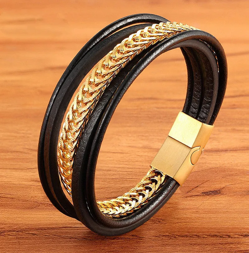 Men's Leather Bracelet with Multilayer Design - Punk Titanium Chain Bracelet