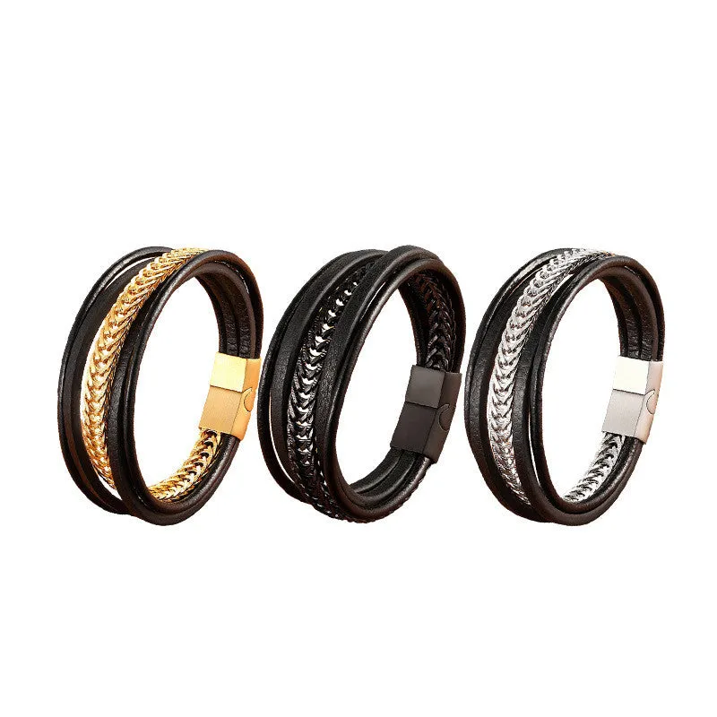 Men's Leather Bracelet with Multilayer Design - Punk Titanium Chain Bracelet