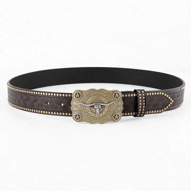 Men's Longhorn Bull Head Studded Decor Leather Belt