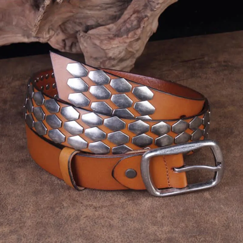 Men's Punk Fish Scale Flakes Rivets Leather Belt