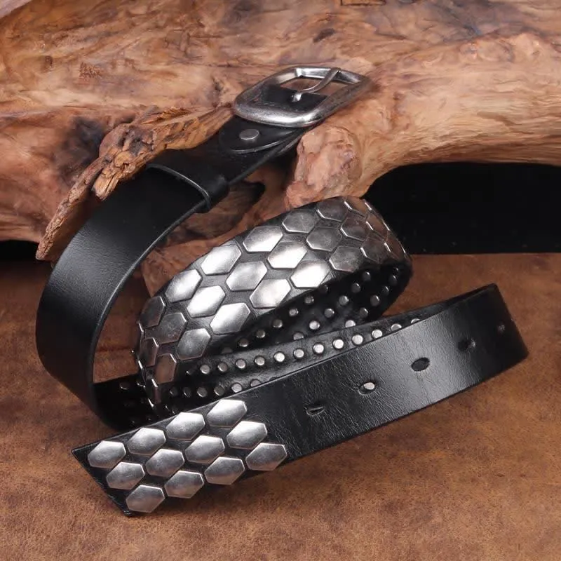 Men's Punk Fish Scale Flakes Rivets Leather Belt