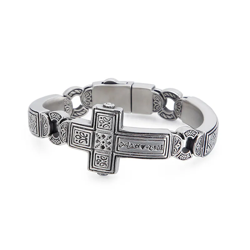 Men's Punk Retro Curved Cross Bracelet - Titanium Steel Wide Face Jewelry for Rock Style Lovers