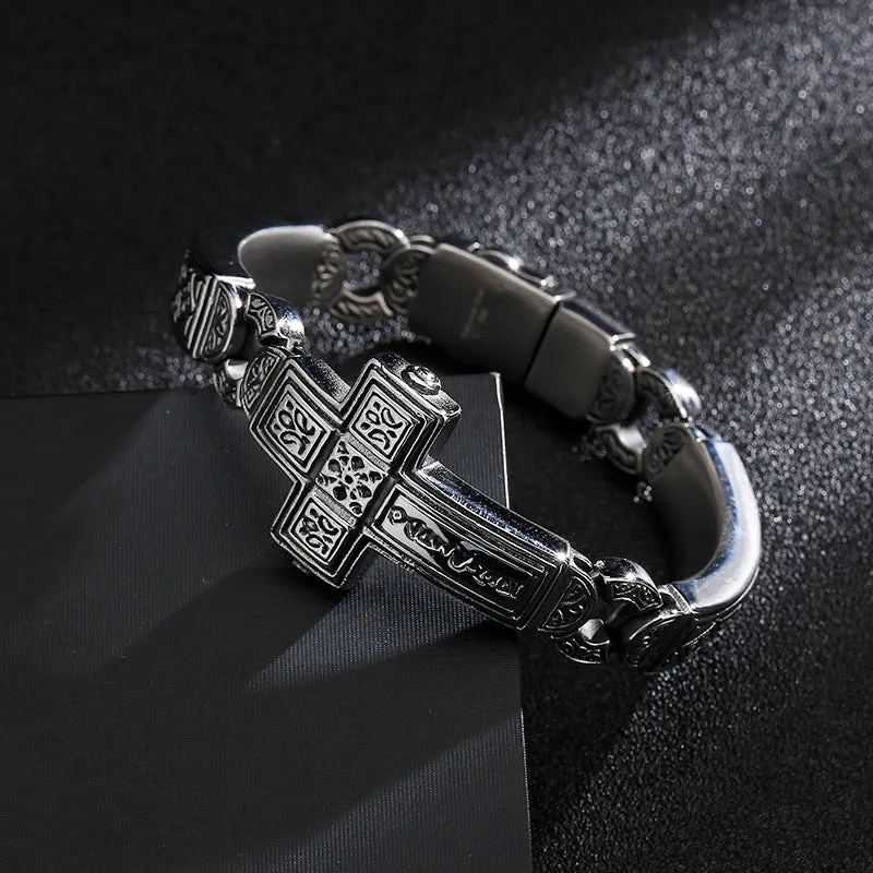 Men's Punk Retro Curved Cross Bracelet - Titanium Steel Wide Face Jewelry for Rock Style Lovers