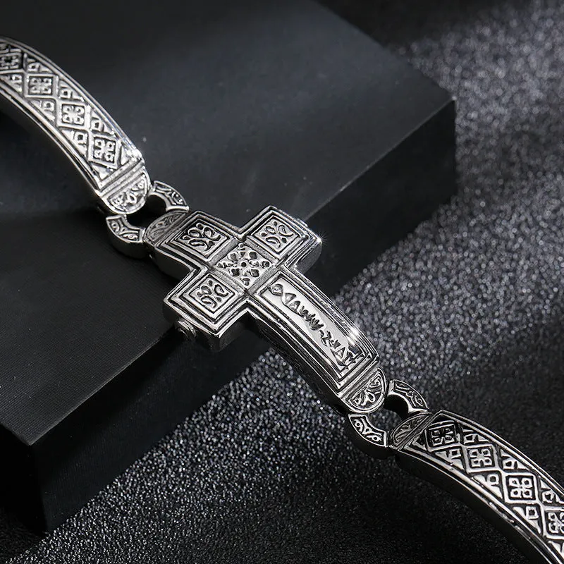 Men's Punk Retro Curved Cross Bracelet - Titanium Steel Wide Face Jewelry for Rock Style Lovers