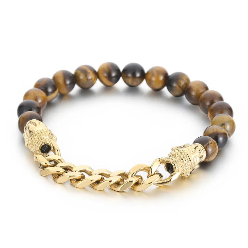 Men's Retro Black Agate and Tiger Eye Bead Bracelet with Buddha Head – Unique Gift for Him