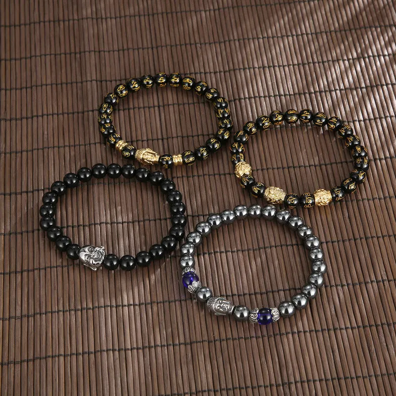 Men's Retro Black Agate and Tiger Eye Bead Bracelet with Buddha Head – Unique Gift for Him