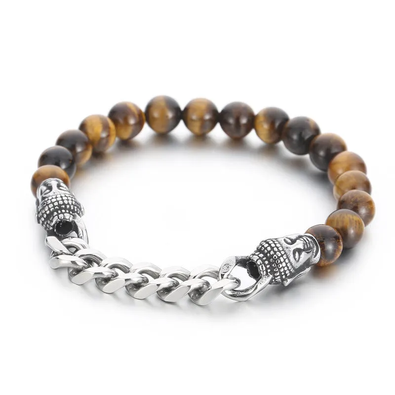 Men's Retro Black Agate and Tiger Eye Bead Bracelet with Buddha Head – Unique Gift for Him