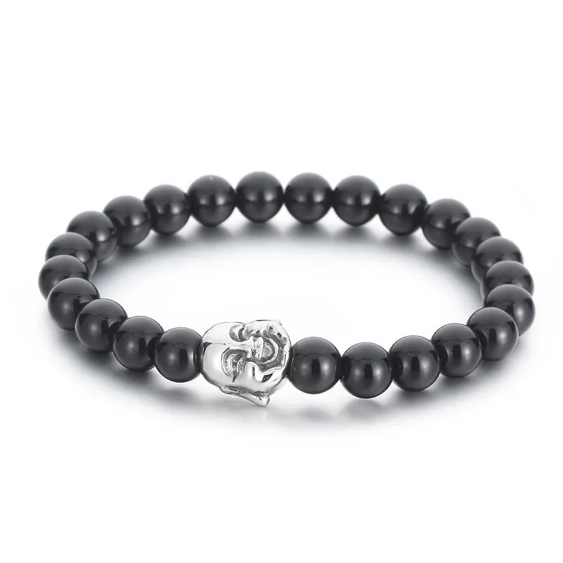 Men's Retro Black Agate and Tiger Eye Bead Bracelet with Buddha Head – Unique Gift for Him