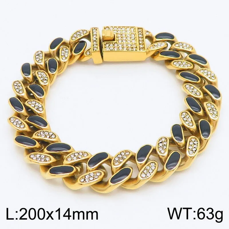 Men's Retro Epoxy Zircon-Studded Titanium Steel Cuban Chain Bracelet - 14mm Hip-Hop Style