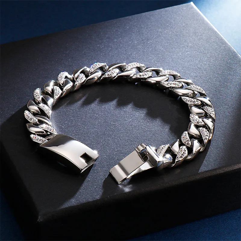 Men's Stainless Steel Cuban Chain Bracelet with Zircon Accents - Hip Hop Style Jewelry