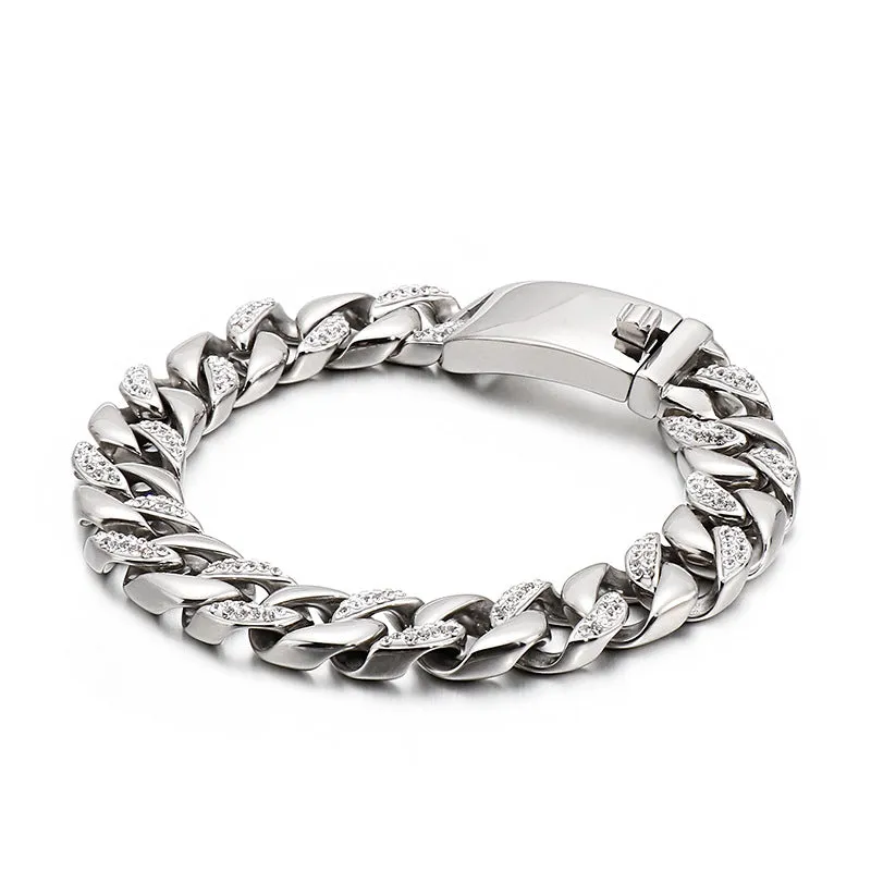 Men's Stainless Steel Cuban Chain Bracelet with Zircon Accents - Hip Hop Style Jewelry