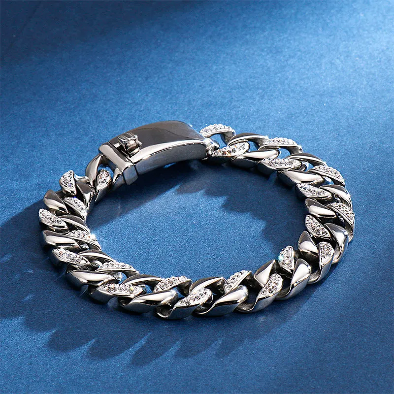 Men's Stainless Steel Cuban Chain Bracelet with Zircon Accents - Hip Hop Style Jewelry