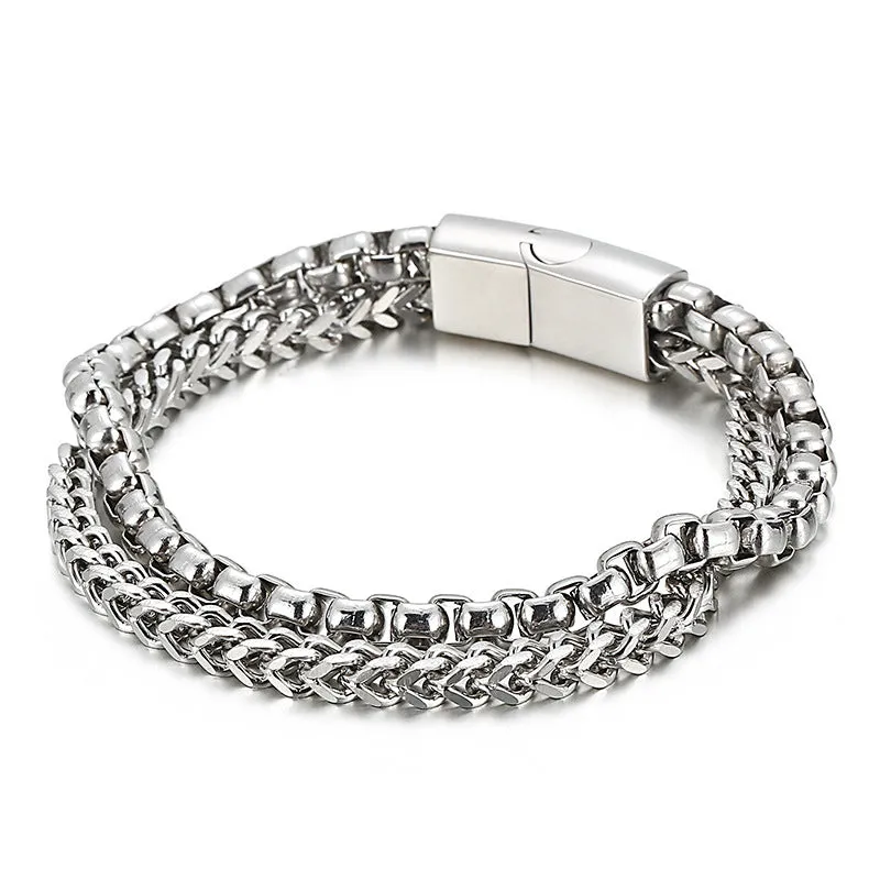 Men's Stylish Double-Layer Titanium Steel Bracelet with Creative Square Pearl - Japan and South Korea Inspired Fashion