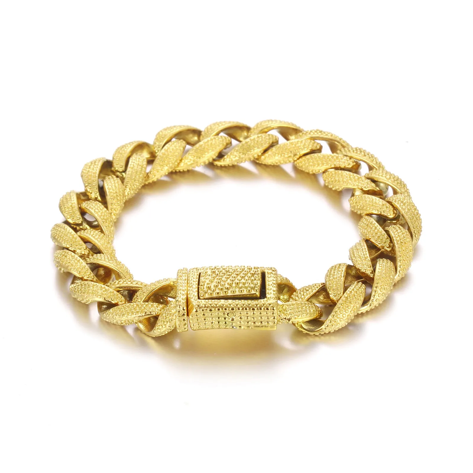 Men's Titanium Stainless Steel Textured Gold Bracelet - Luxurious Cuban Link Style with Secure Clasp