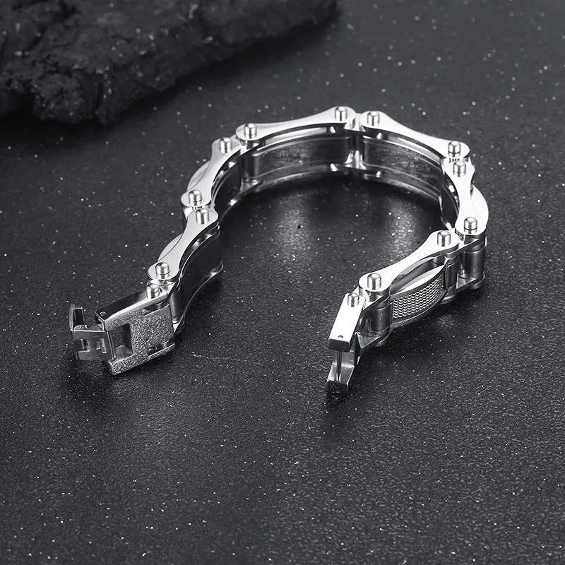 Men's Titanium Steel Locomotive Bracelet - European and American Style with Fashion Mesh Splicing and Electroplated Finish