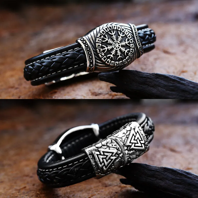 Men's Wide Stainless Steel Carved Leather Bracelet