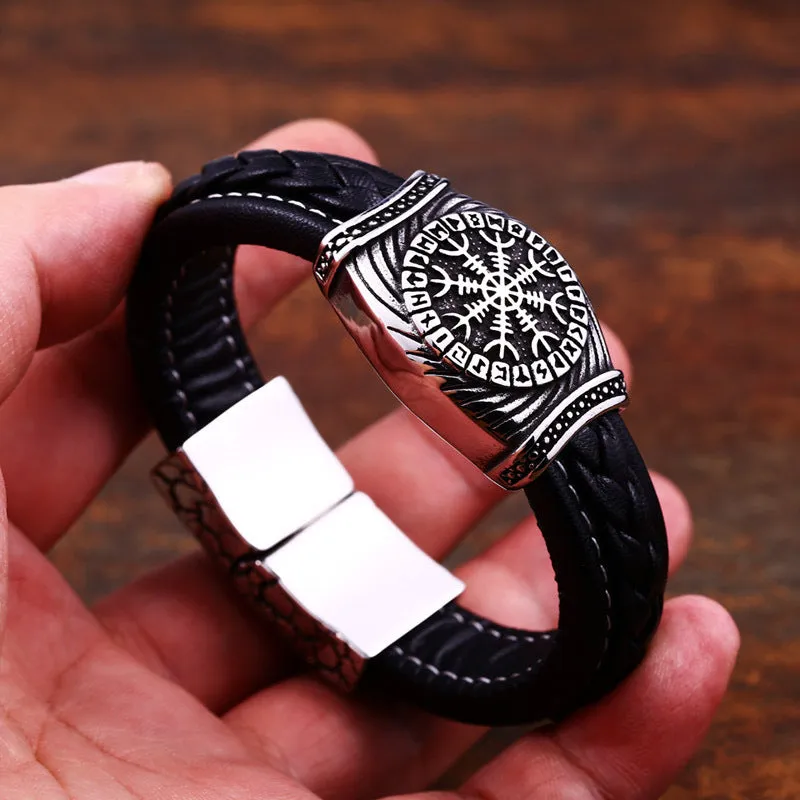 Men's Wide Stainless Steel Carved Leather Bracelet