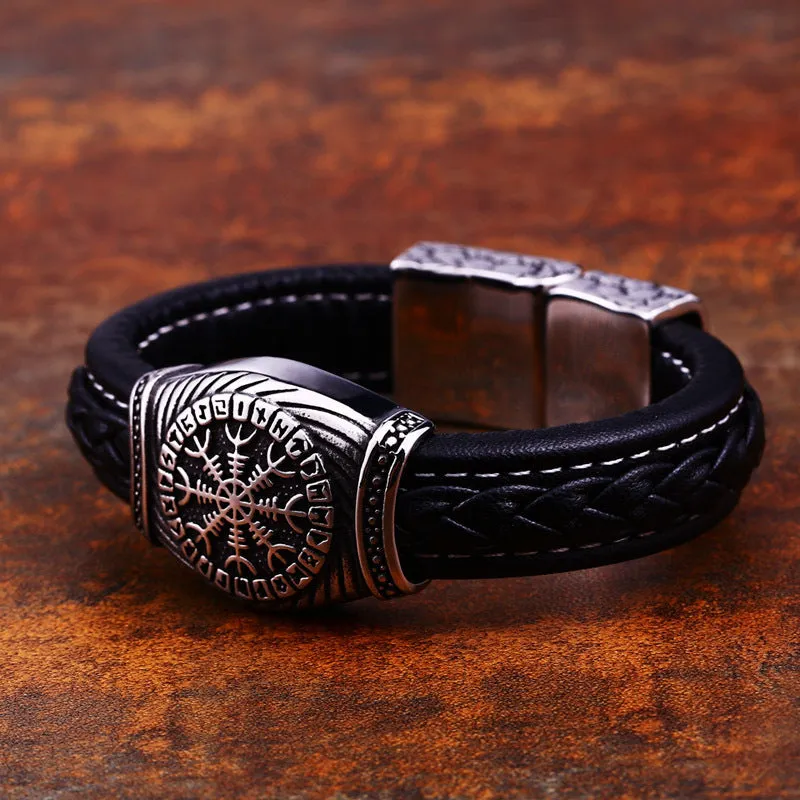 Men's Wide Stainless Steel Carved Leather Bracelet