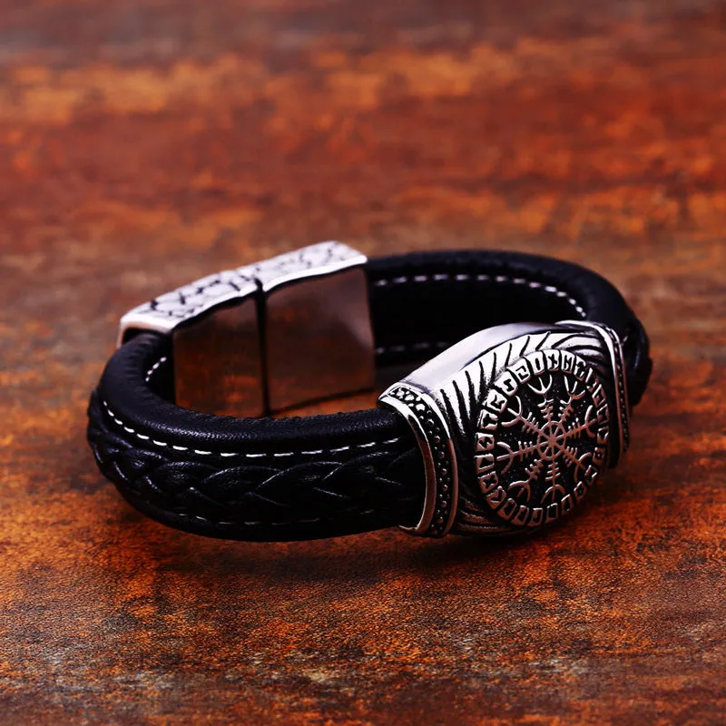 Men's Wide Stainless Steel Carved Leather Bracelet