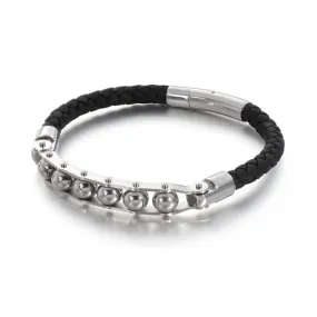 Men's Woven Leather Bracelet with Titanium Steel Six-Character Mantra Round Beads – European and American Fashion Trend