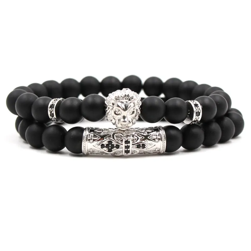 Micro-inlaid Zircon Elbow Lion Head Frosted Stone Elastic Bracelet