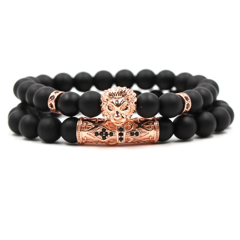 Micro-inlaid Zircon Elbow Lion Head Frosted Stone Elastic Bracelet