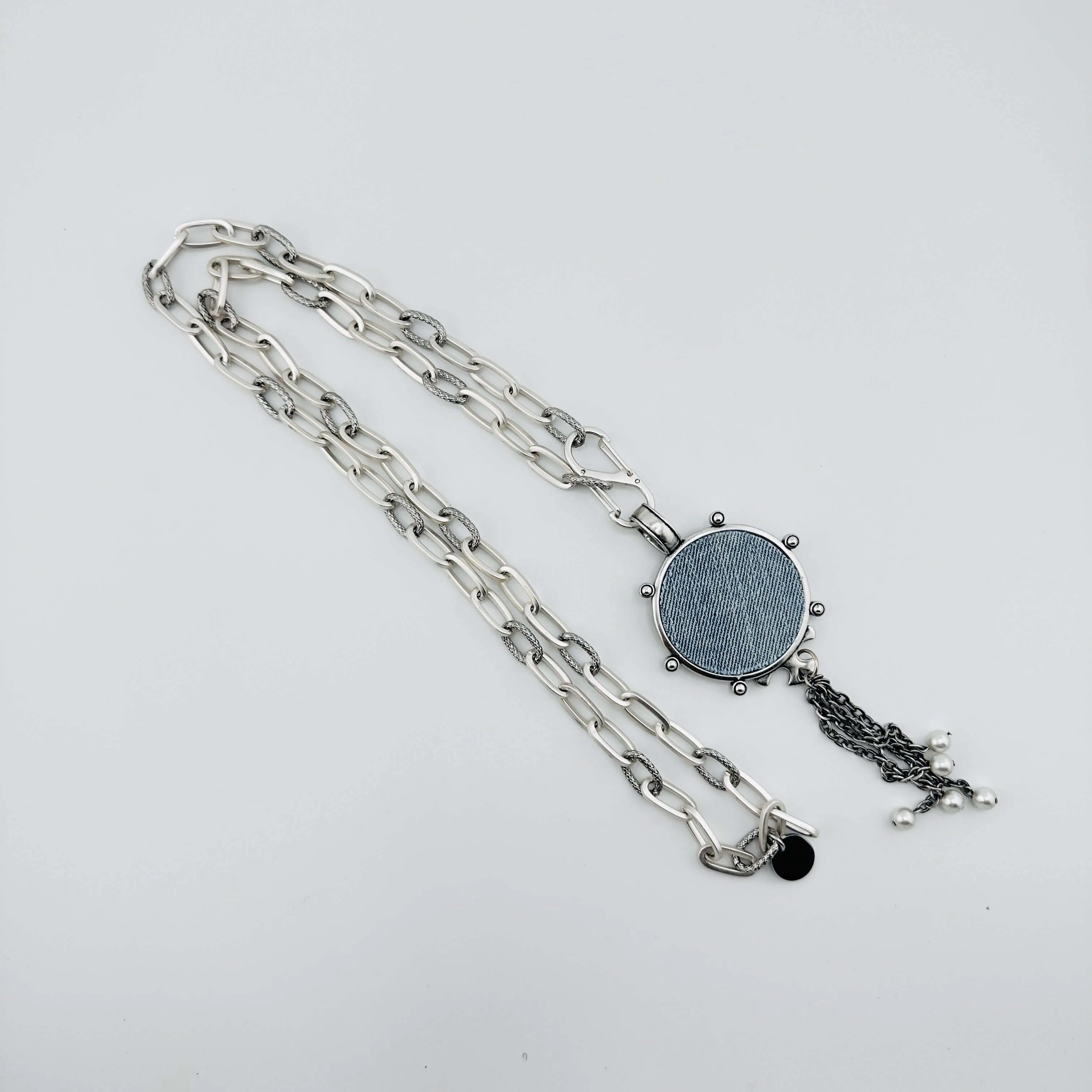 Mixed Silver Chain Necklace With Denim Pendant