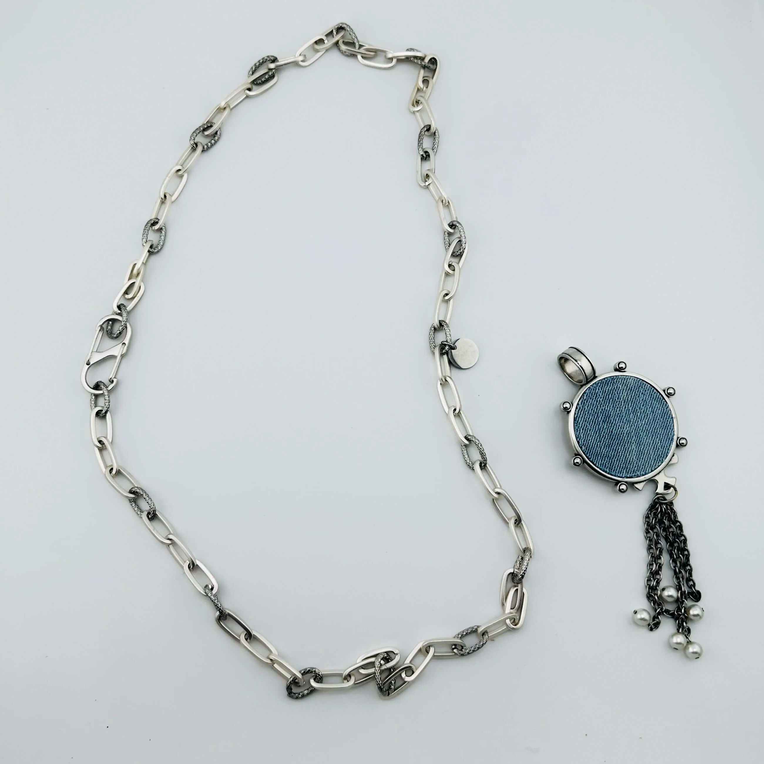 Mixed Silver Chain Necklace With Denim Pendant