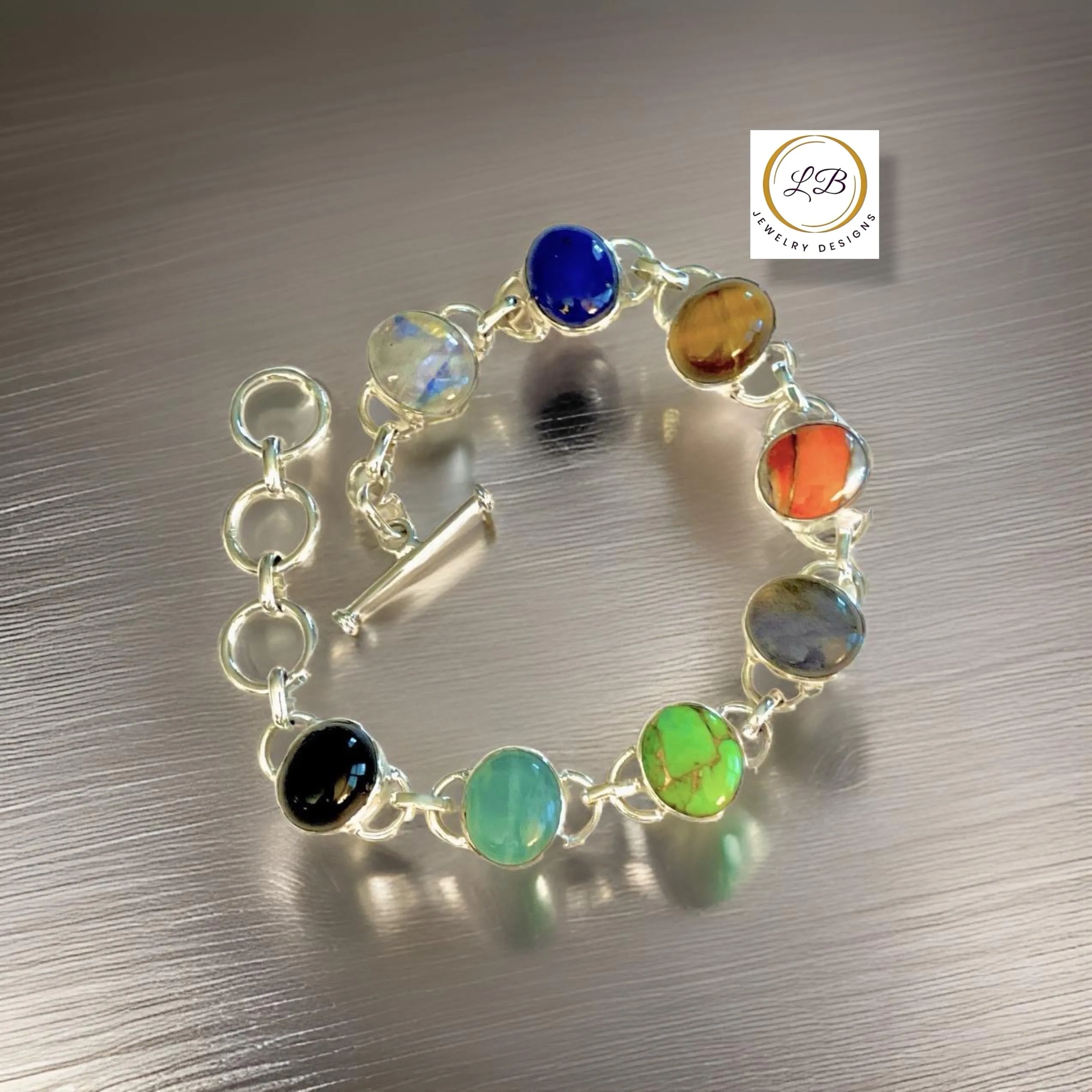 Multi-Gemstone Sterling Silver Adjustable Chain Link Bracelet