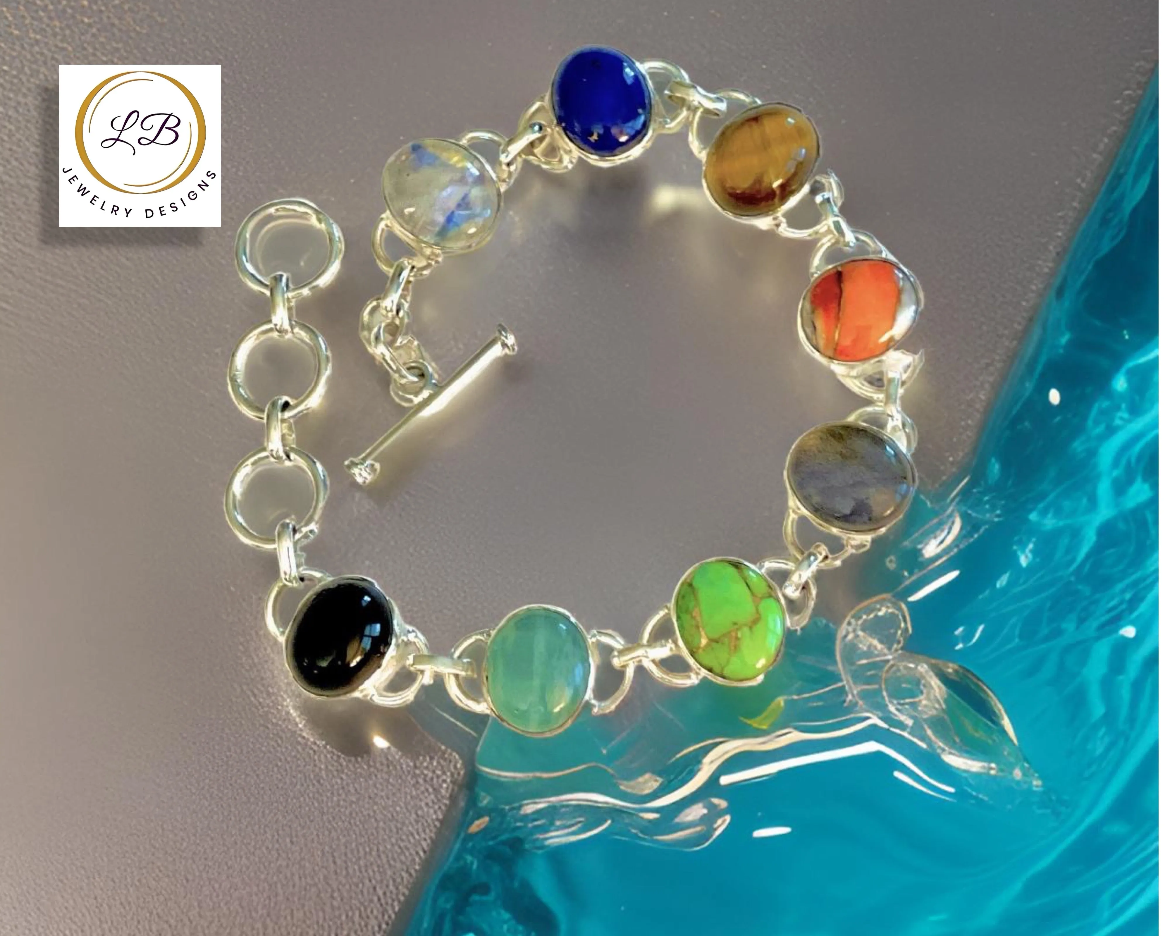 Multi-Gemstone Sterling Silver Adjustable Chain Link Bracelet