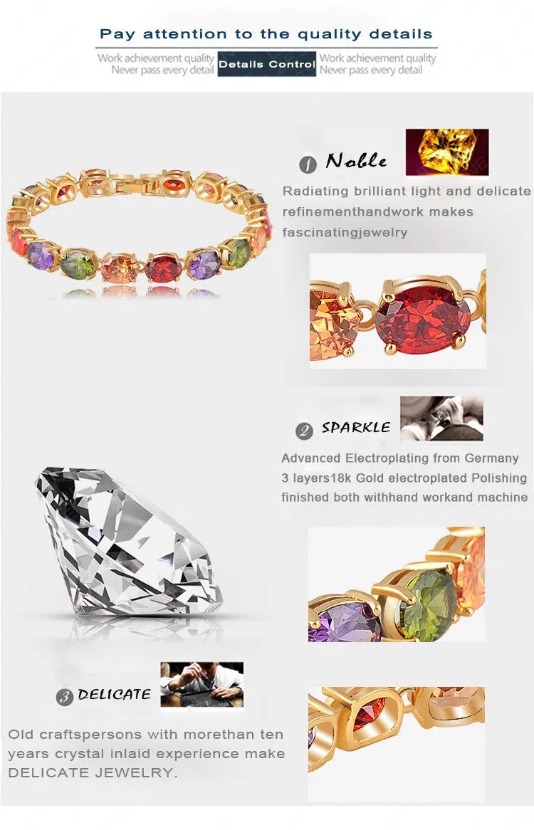 Multicolor Oval Swiss Cubic Zirconia Diamond Bracelet 18K Gold Plated Colorful Zircon Strand Bracelets