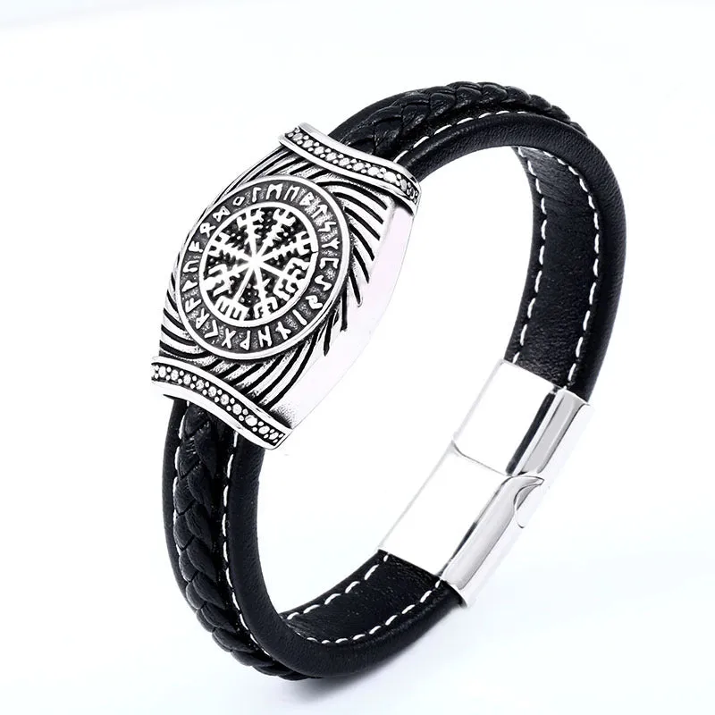 Odin's Triangular Letter Leather Bracelet - Retro Stainless Steel Viking Jewelry for Men