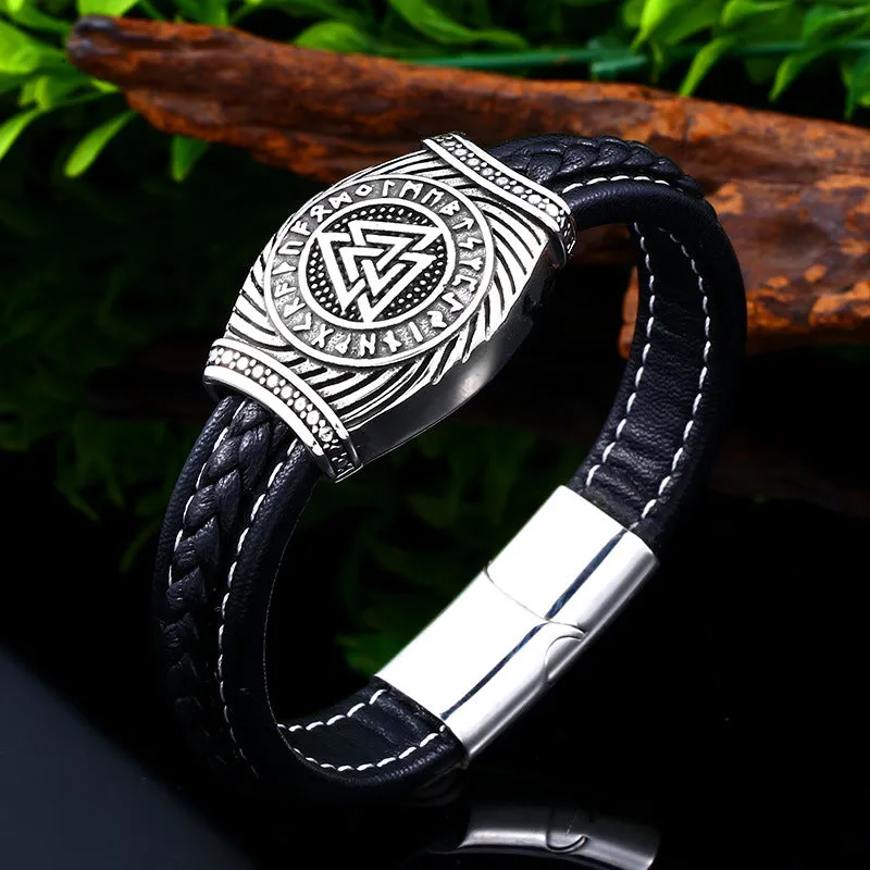 Odin's Triangular Letter Leather Bracelet - Retro Stainless Steel Viking Jewelry for Men